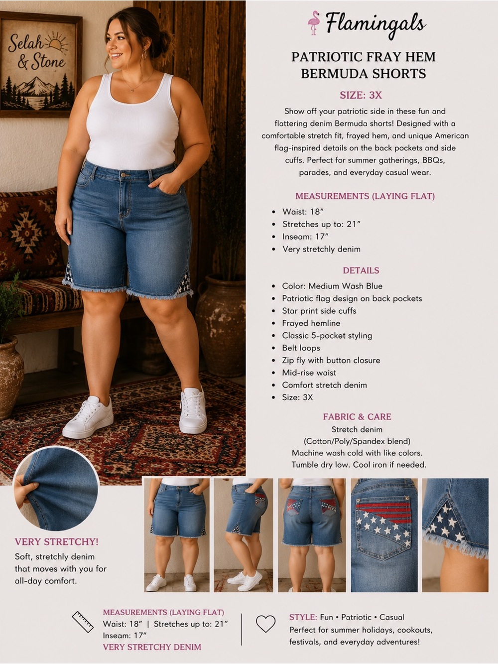 Flamingals Medium Wash Patriotic Fray Hem Bermuda Shorts waist-36-41